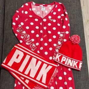 Vintage VS PINK Sequin Sleeve Pajama Onesie + Scarf & Beanie Set ✨